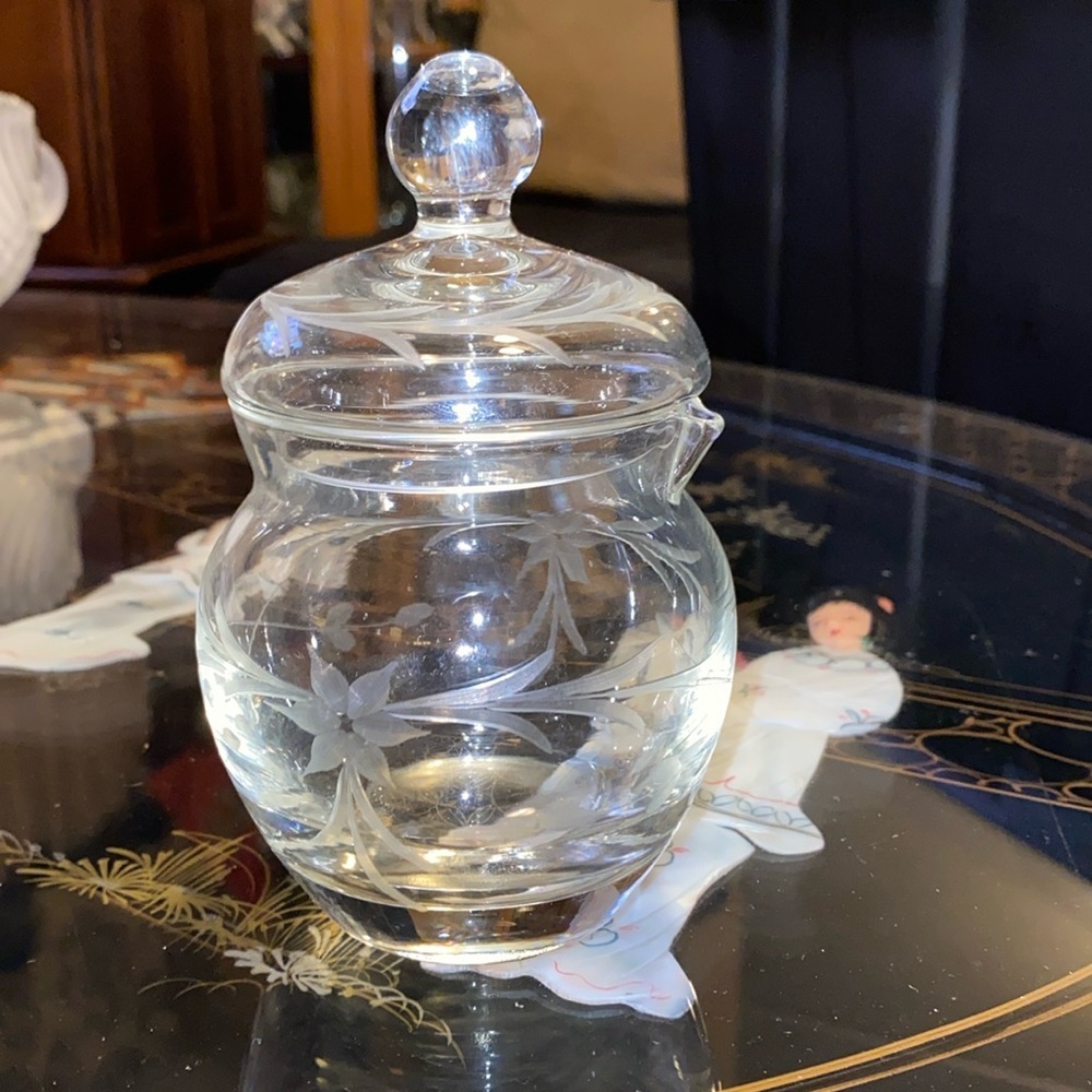 Beautiful Clear Glass Lidded creamer Jar with Frosted Floral Etching/Vintage
